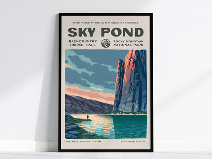 Sky Pond, Rocky Mountain National Park Poster | Hiker Gift | Backcountry Trail Wall Art — framed wall art, 24x36 in