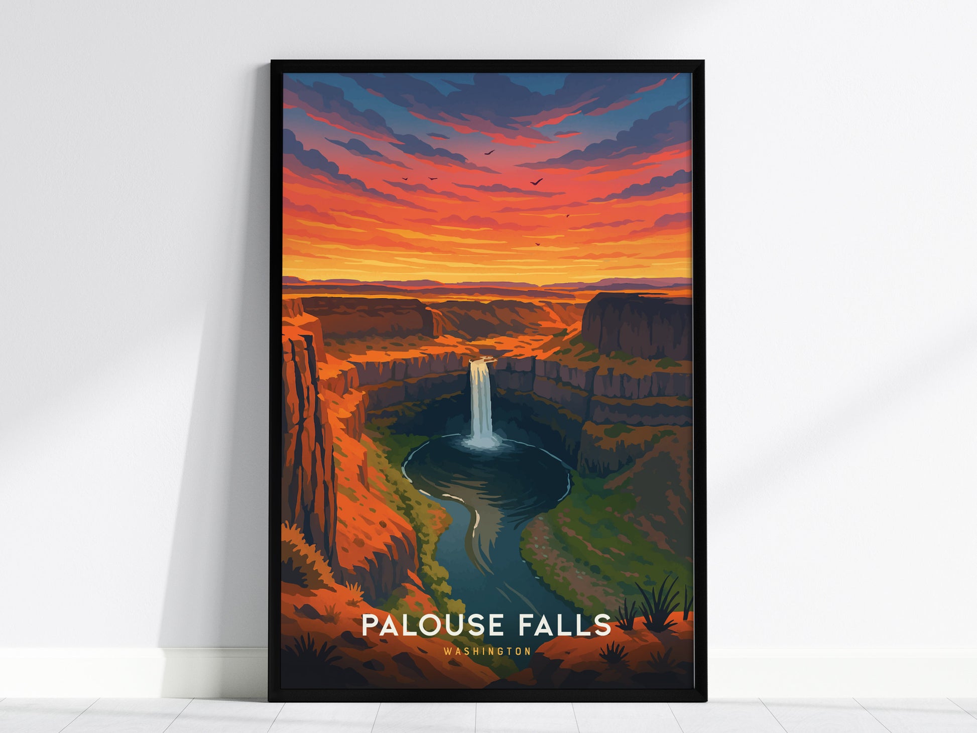 Framed vintage illustration of Palouse Falls at sunset, featuring vibrant warm hues and a serene canyon landscape for travel art decor.