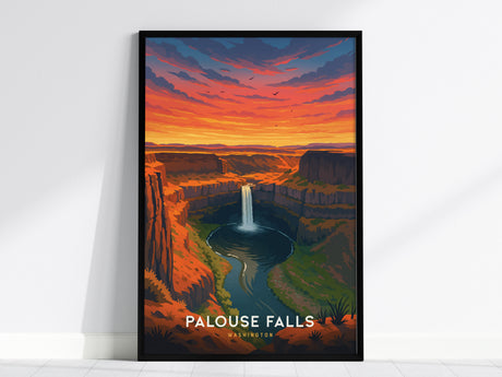 Framed vintage illustration of Palouse Falls at sunset, featuring vibrant warm hues and a serene canyon landscape for travel art decor.