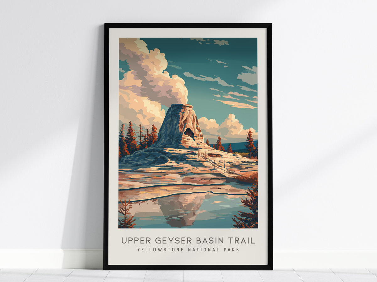 Upper Geyser Basin Trail Matte Border Poster | Yellowstone National Park Destination Print — framed wall art, 24x36 in