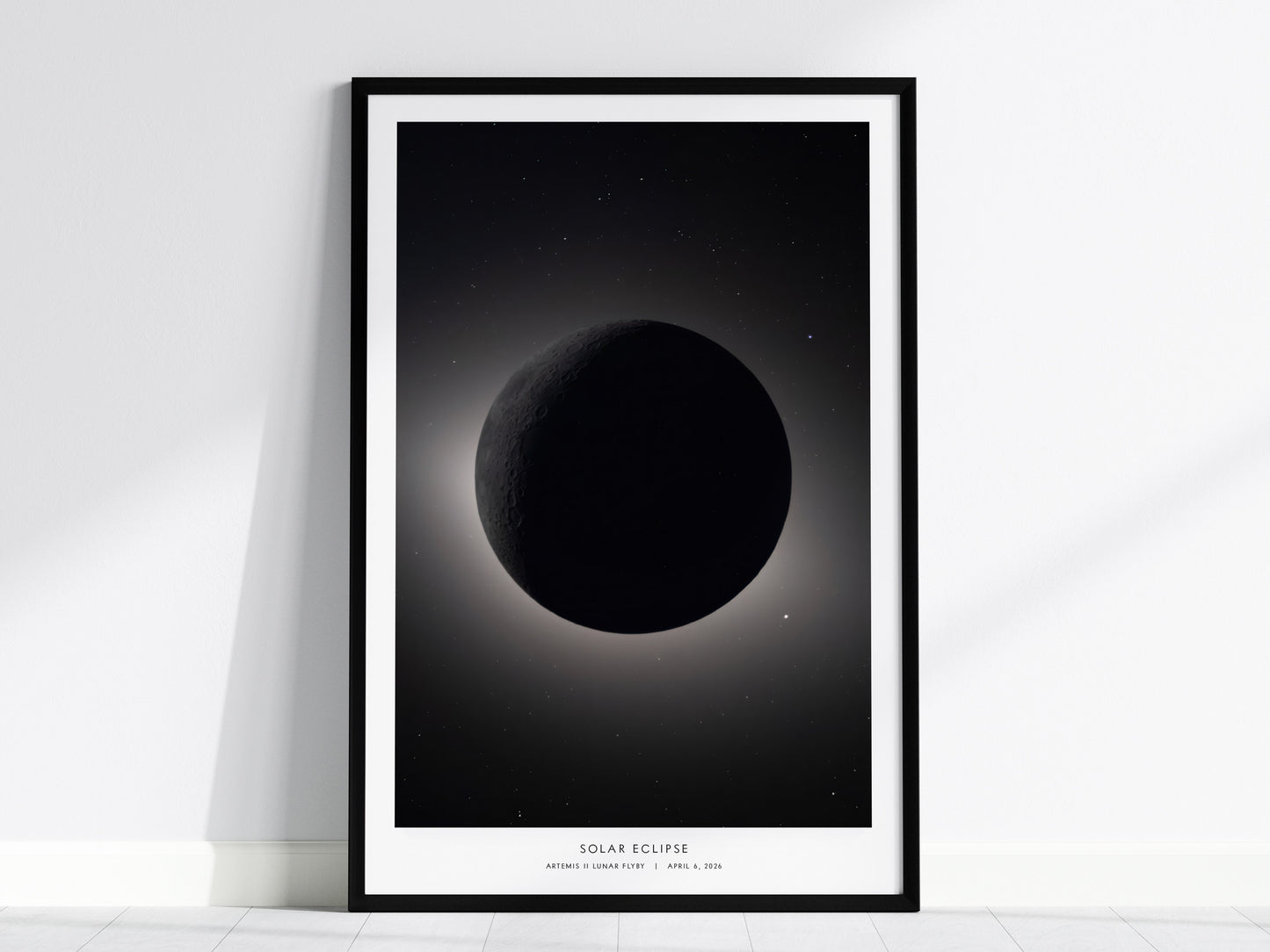 Stunning solar eclipse wall art featuring the moon obscuring the sun, with a luminous halo, perfect for space art enthusiasts.
