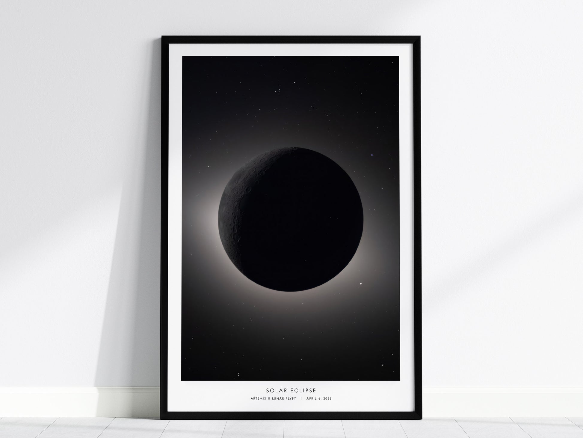 Stunning solar eclipse wall art featuring the moon obscuring the sun, with a luminous halo, perfect for space art enthusiasts.