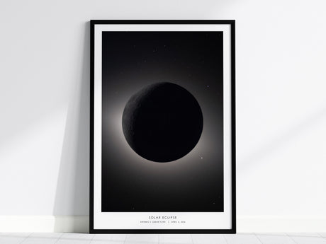 Stunning solar eclipse wall art featuring the moon obscuring the sun, with a luminous halo, perfect for space art enthusiasts.