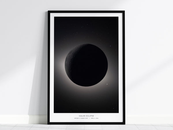 Stunning solar eclipse wall art featuring the moon obscuring the sun, with a luminous halo, perfect for space art enthusiasts.