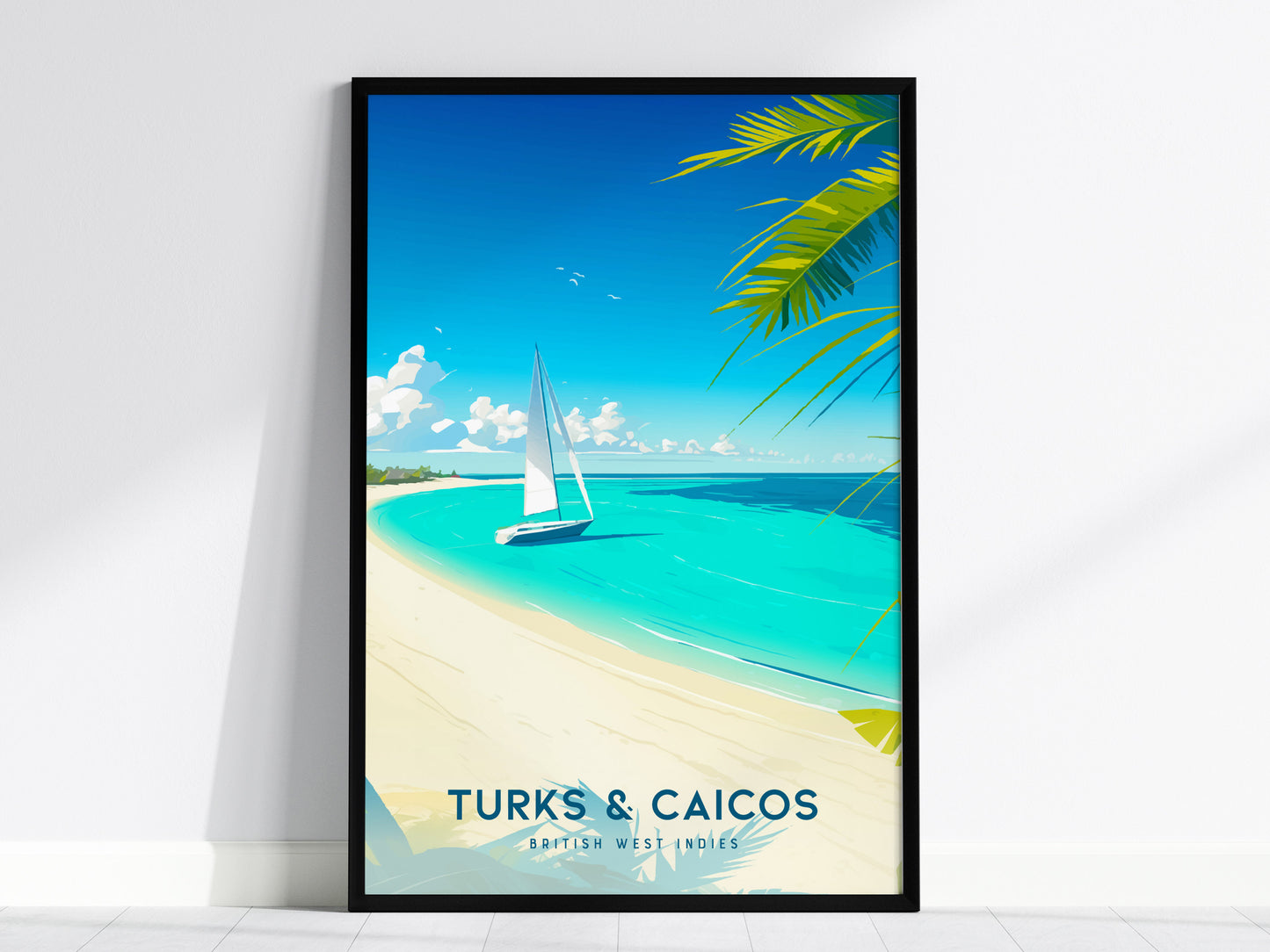 Vibrant Turks & Caicos beach poster featuring a sailboat on turquoise waters, palm fronds, and sandy shoreline, perfect travel art.