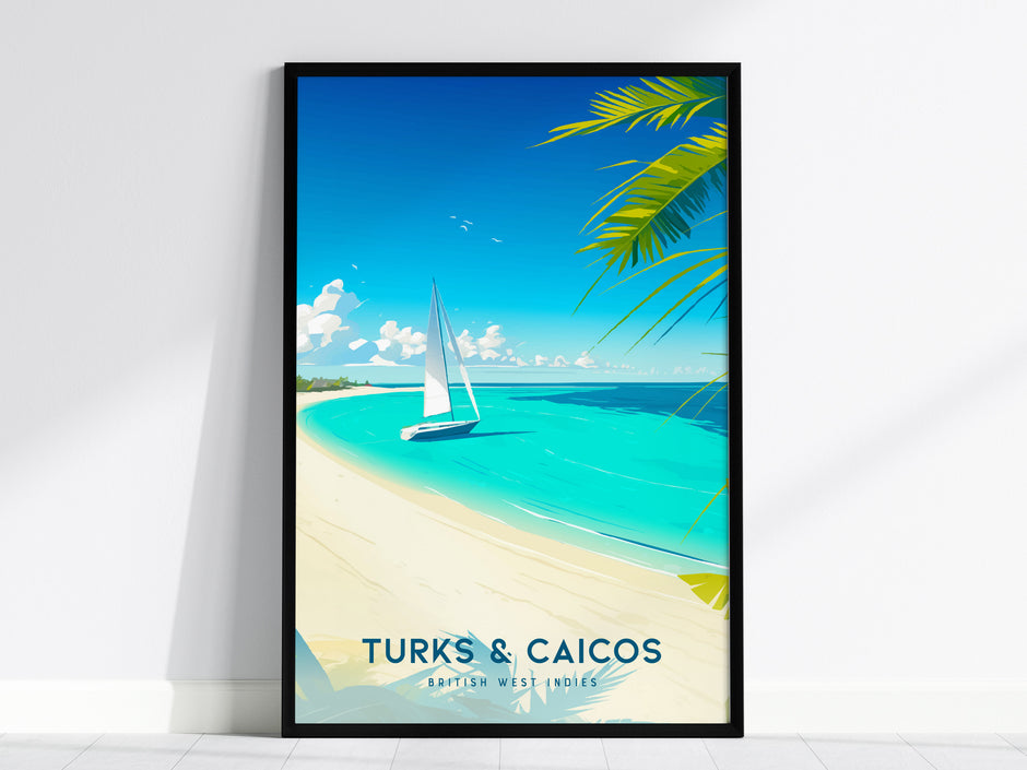 Vibrant Turks & Caicos beach poster featuring a sailboat on turquoise waters, palm fronds, and sandy shoreline, perfect travel art.