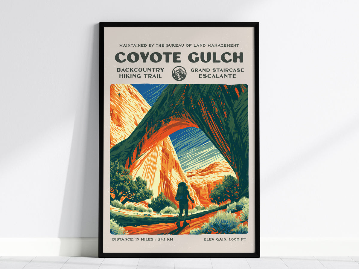 Coyote Gulch, Grand Staircase-Escalante Poster | Hiker Gift | Backcountry Trail Wall Art — framed wall art, 24x36 in