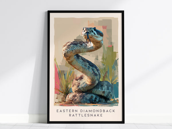 A framed art print of an Eastern Diamondback Rattlesnake is displayed, featuring a stylized illustration with earthy tones and a dynamic coiled pose. The background includes abstract brush-like textures and hints of greenery.