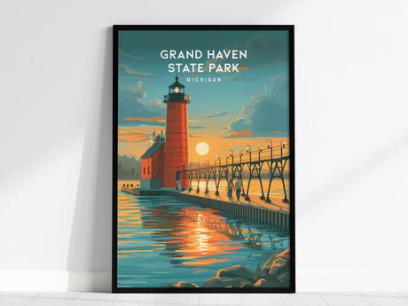 Grand Haven State Park, Michigan Poster | Lighthouse & Pier Beach House Decor Wall Art — framed wall art, 24x36 in