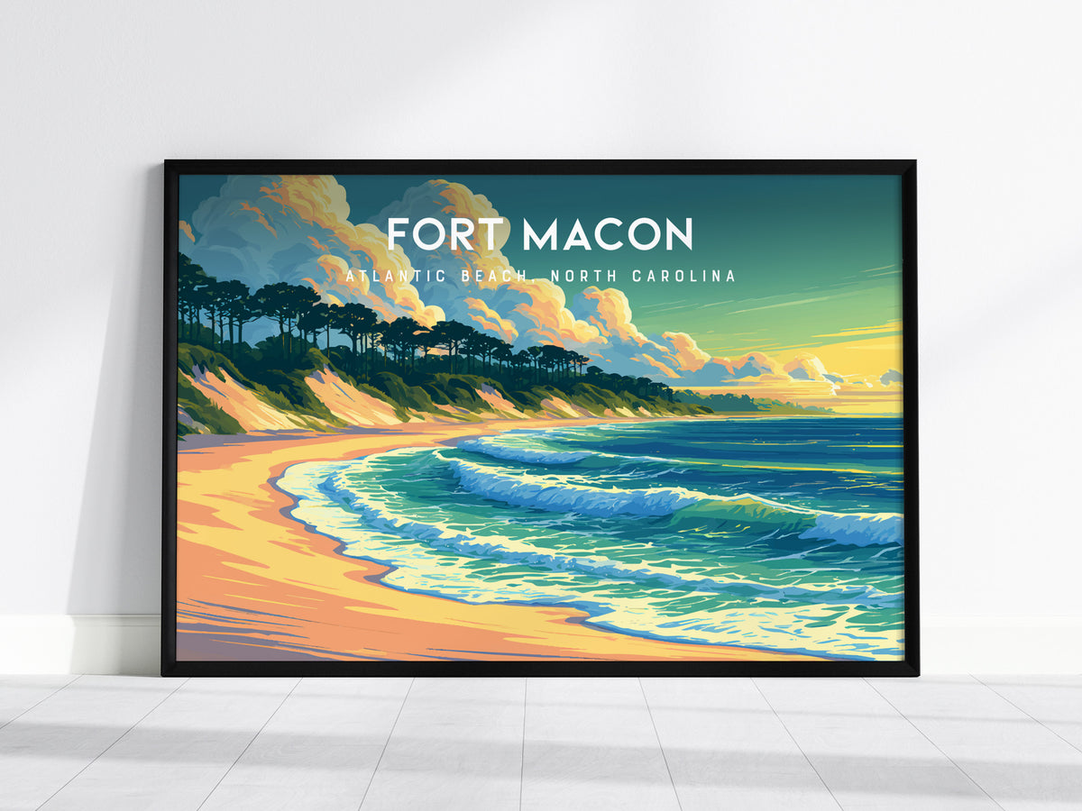 Fort Macon Landscape Poster | Atlantic Beach, North Carolina Destination Print Wall Art — framed wall art, 24x36 in