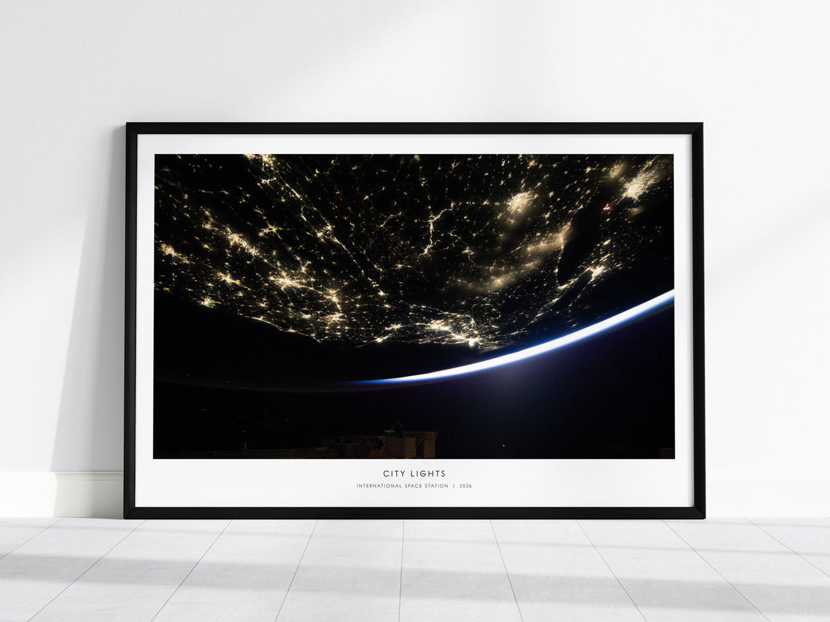 City Lights Landscape Poster | NASA International Space Station Astronomy Print Wall Art — framed wall art, 24x36 in