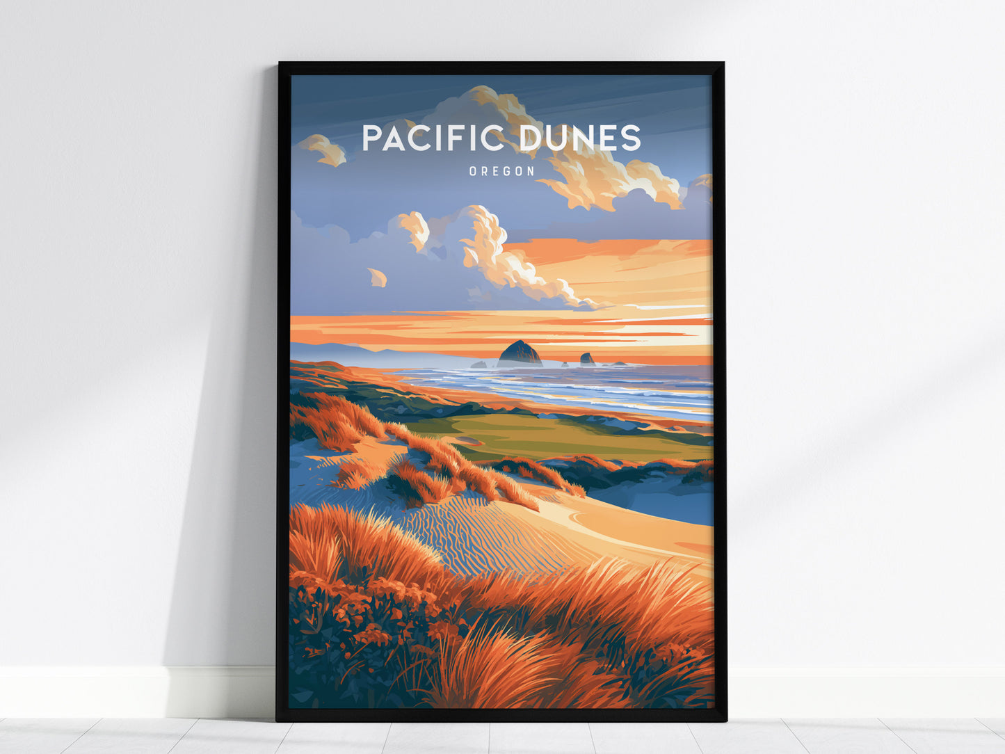 Pacific Dunes, Oregon Poster | Windswept Coast Destination Print Wall Art — framed wall art, 24x36 in