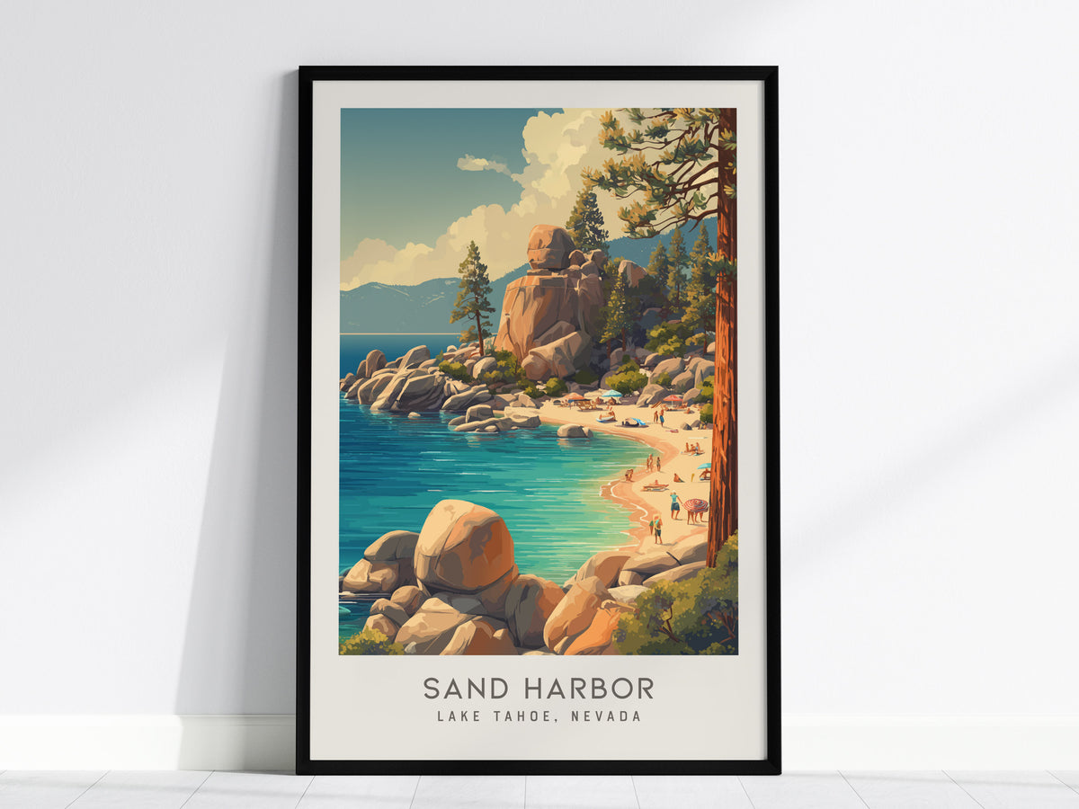 Sand Harbor Matte Border Poster | Lake Tahoe, Nevada Coastal Beach Decor — framed wall art, 24x36 in