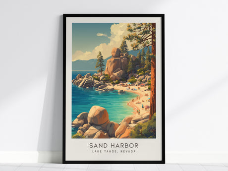 Sand Harbor Matte Border Poster | Lake Tahoe, Nevada Coastal Beach Decor — framed wall art, 24x36 in