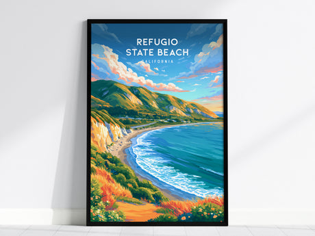 Refugio State Beach, California Poster | Golden Bluffs & Ocean Breeze Wall Art — framed wall art, 24x36 in