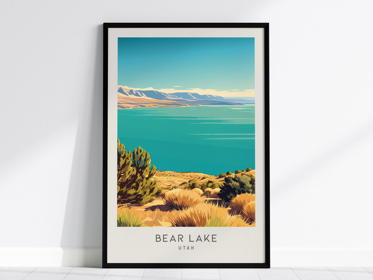 Bear Lake Matte Border Poster | Utah Travel Wall Art Coastal Beach Decor — framed wall art, 24x36 in