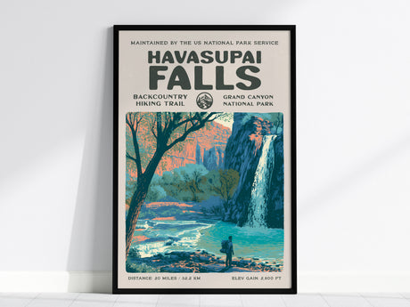 Havasupai Falls, Grand Canyon National Park Poster | Backpacker Gift | Turquoise Canyon Trail Wall Art — framed wall art, 24x
