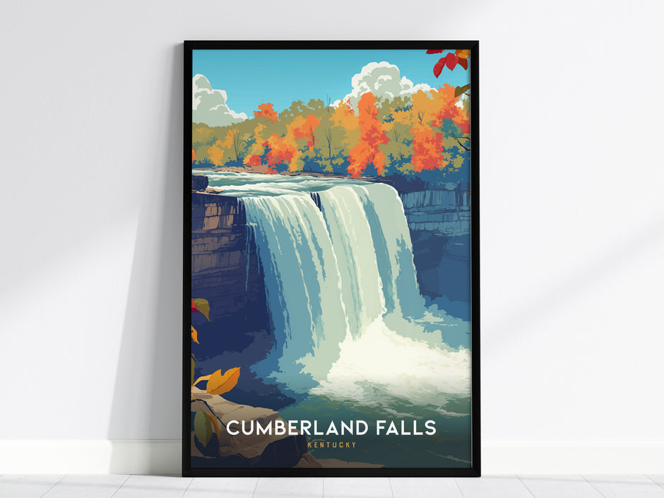 Vibrant vintage poster of Cumberland Falls, Kentucky, showcasing bold colors and stylized autumn foliage in a travel art print.