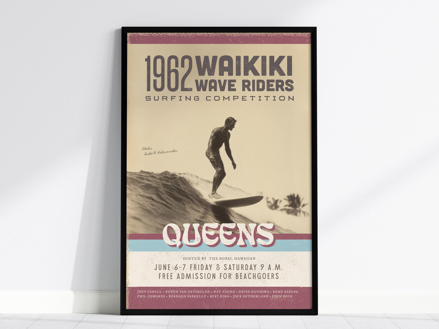 1962 Waikiki Wave Riders Vintage Surf Poster | Longboard Classic Surfing Competition Art | Retro Hawaii Oahu Framed Print Surfer Decor Gift