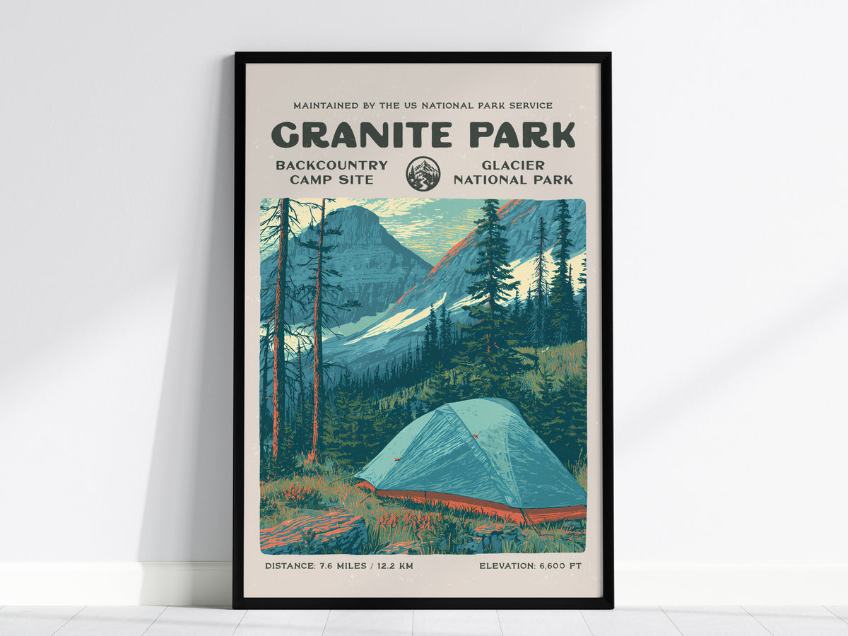 Granite Park, Glacier National Park Poster | Hiker Gift | Backcountry Trail Wall Art — framed wall art, 24x36 in