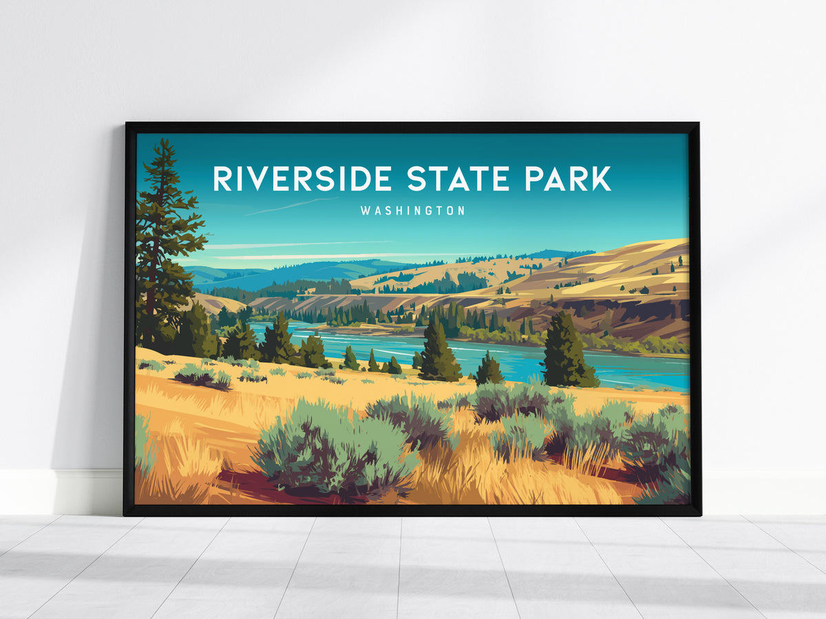 Riverside State Park, Washington Landscape Poster | Pacific Northwest Vacation Wall Art — framed wall art, 24x36 in