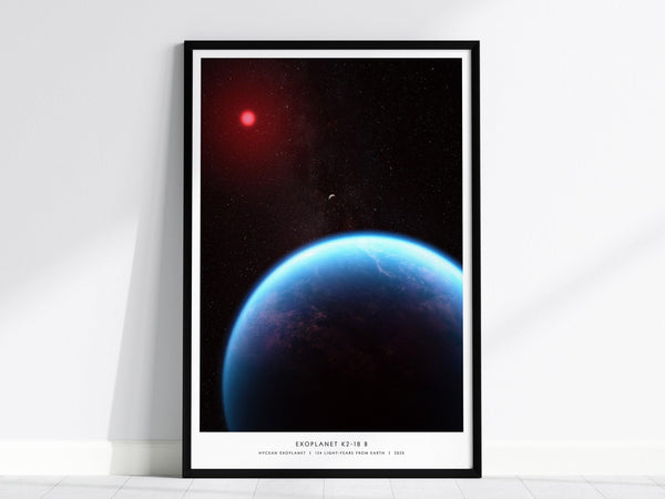 A framed poster, wall art featuring the exoplanet K2-18 b, shows a vibrant blue planet against a starry background with a distant red star. The artwork is displayed on a white wall, leaning slightly against it.