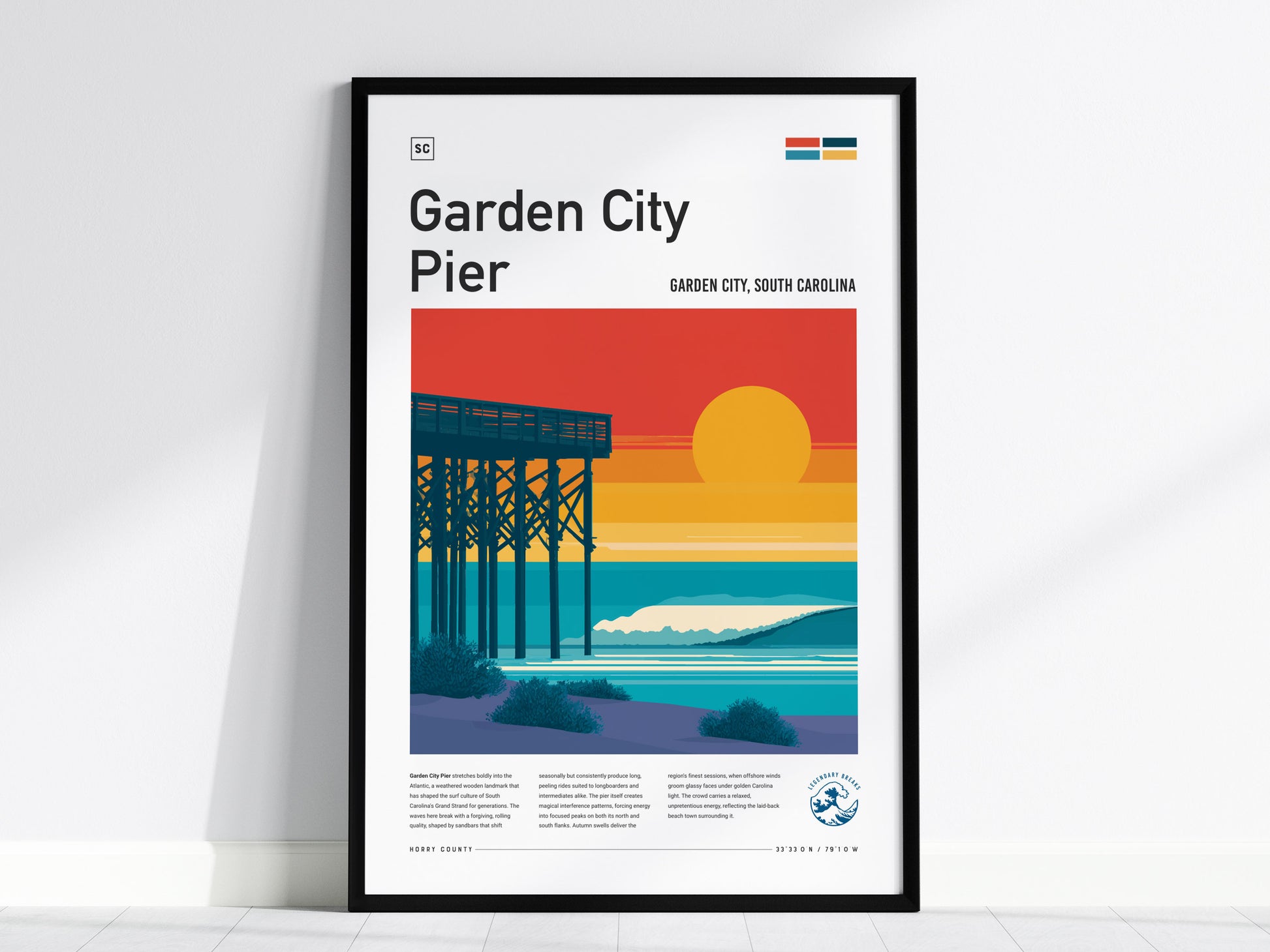 Garden City Pier, Garden City, South Carolina Poster | Surf Waves & Coastal Pier Wall Art — framed wall art, 24x36 in