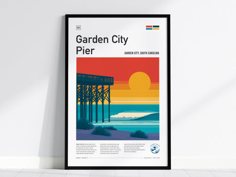 Garden City Pier, Garden City, South Carolina Poster | Surf Waves & Coastal Pier Wall Art — framed wall art, 24x36 in