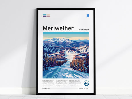 Framed poster depicting a stylized ski run at Big Sky, Montana, with snow-covered mountains and trees. The artwork features vibrant blues and whites, showcasing a modern design aesthetic.