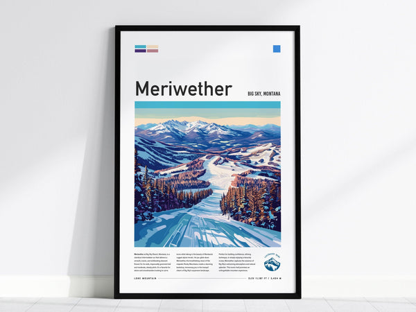 Framed poster depicting a stylized ski run at Big Sky, Montana, with snow-covered mountains and trees. The artwork features vibrant blues and whites, showcasing a modern design aesthetic.