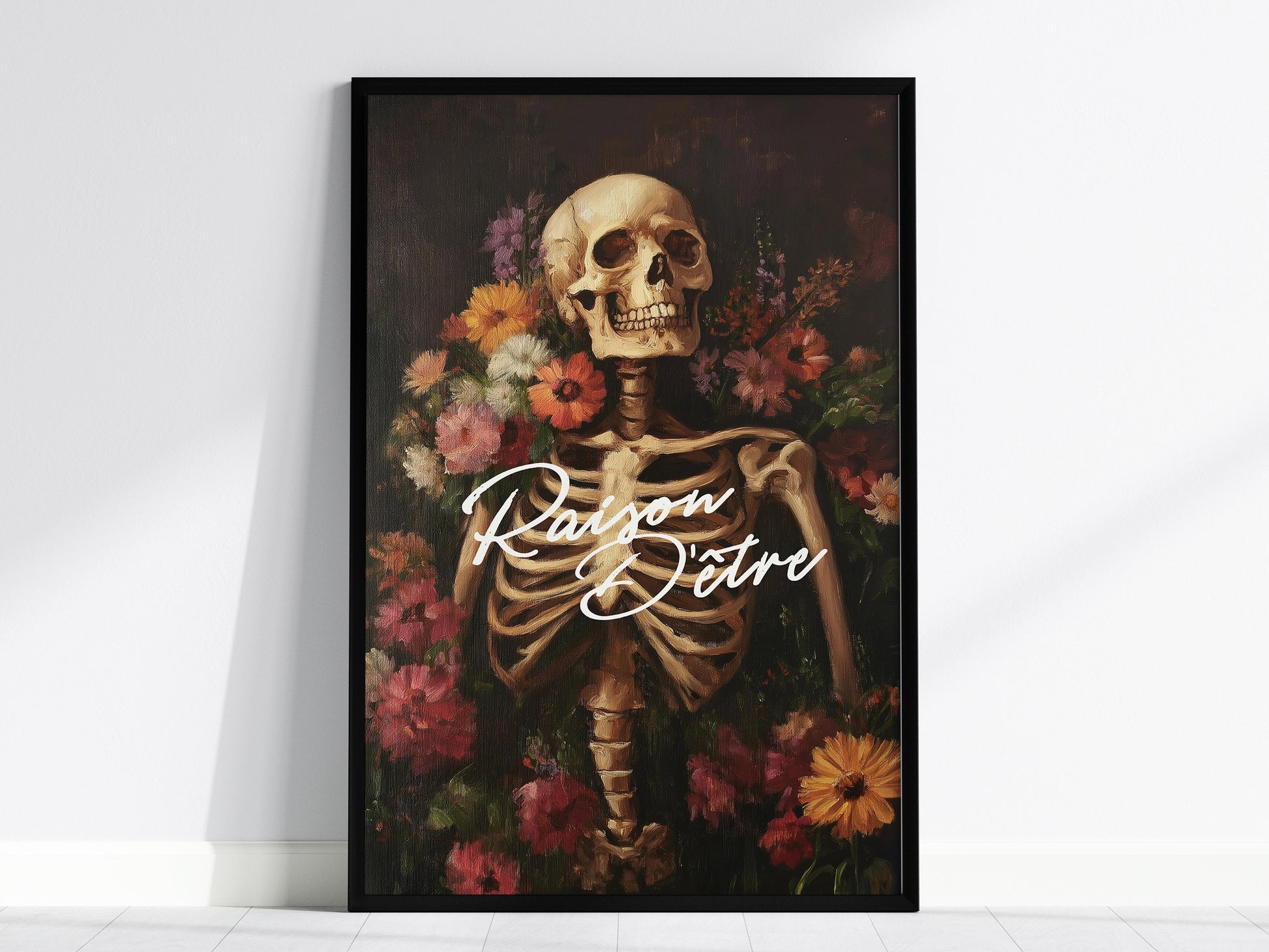 Raison d’Être Skeleton Art Print – Dark Academia Gothic Floral Wall Decor, Memento Mori Aesthetic, Framed/Unframed Macabre Poster - Swell Scenes