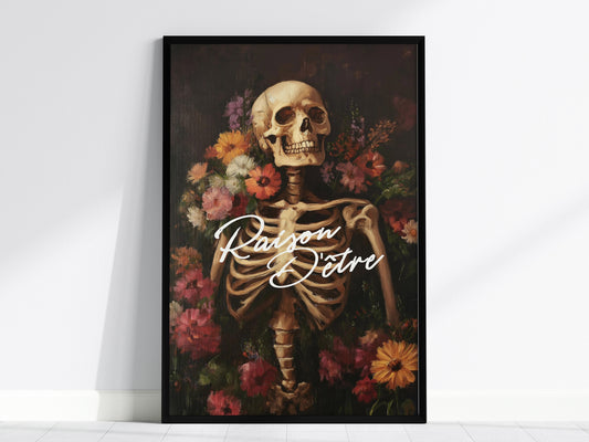 Raison d’Être Skeleton Art Print – Dark Academia Gothic Floral Wall Decor, Memento Mori Aesthetic, Framed/Unframed Macabre Poster - Swell Scenes