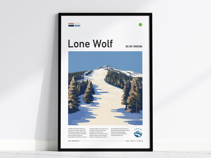 Lone Wolf | Big Sky Montana Beginner Green Ski Run Framed Poster Skier Snowboarder Lone Mountain Cabin Resort Skiing Trip Art Decor Gift Set