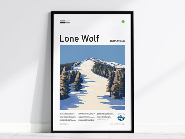 Framed poster titled Lone Wolf showing a stylized ski slope with trees and mountains under a clear blue sky. Text mentions Big Sky, Montana, with additional descriptive details.