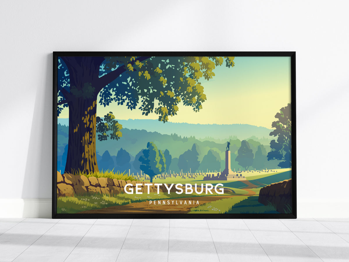 Gettysburg, Pennsylvania Landscape Poster | Historic Civil War Battlefield Travel Wall Art — framed wall art, 24x36 in