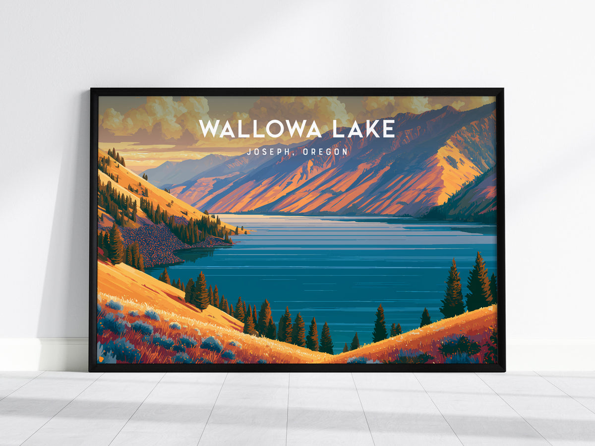 Wallowa Lake Landscape Poster | Joseph, Oregon Vacation Wall Art — framed wall art, 24x36 in