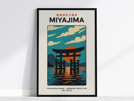 Framed poster featuring a stylized illustration of the Miyajima Torii Gate with a red sun and clouds, labeled MIYAJIMA, set against a minimalistic white wall.