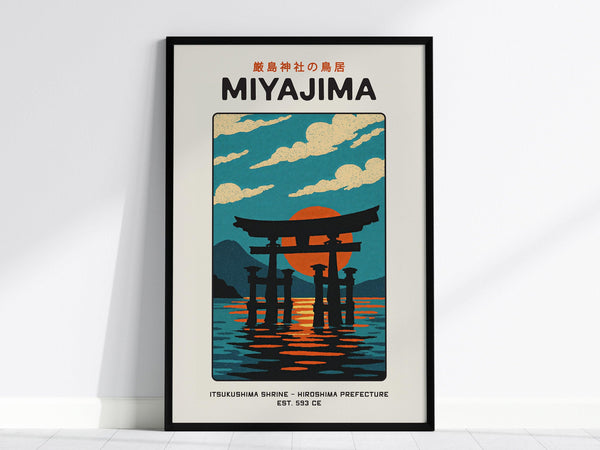 Framed poster featuring a stylized illustration of the Miyajima Torii Gate with a red sun and clouds, labeled MIYAJIMA, set against a minimalistic white wall.