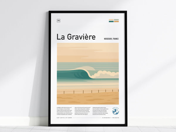 The image shows a framed poster titled La Gravière depicting a stylized wave at a beach in Hossegor, France. The artwork features a clean design with sandy tones and ocean waves.