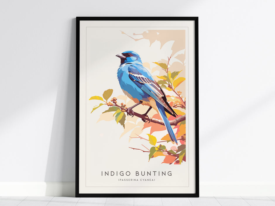 Framed Indigo Bunting art print featuring a vibrant blue bird on a branch, surrounded by warm autumn colors, perfect for nature lovers.