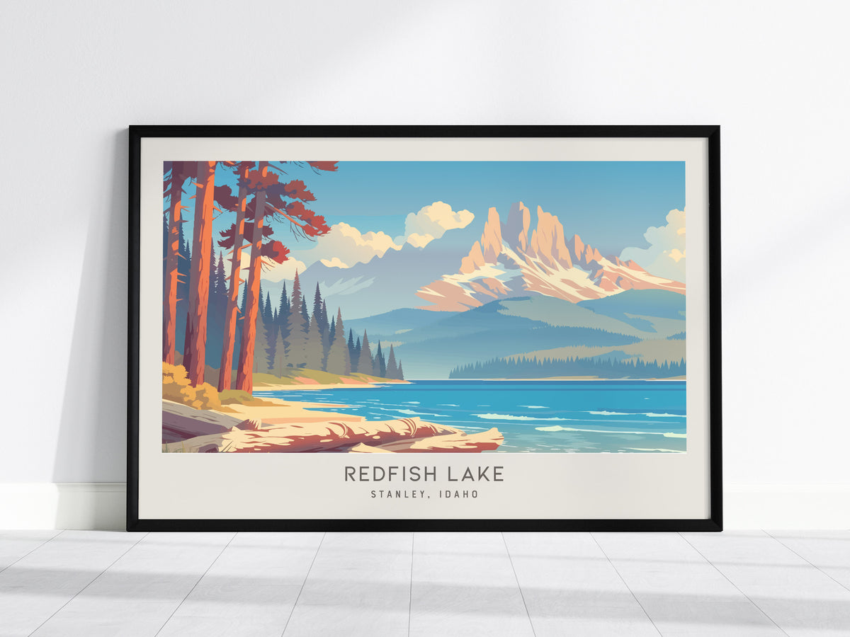 Redfish Lake Landscape Matte Border Poster | Stanley, Idaho Framed or Unframed Travel Gift — framed wall art, 24x36 in