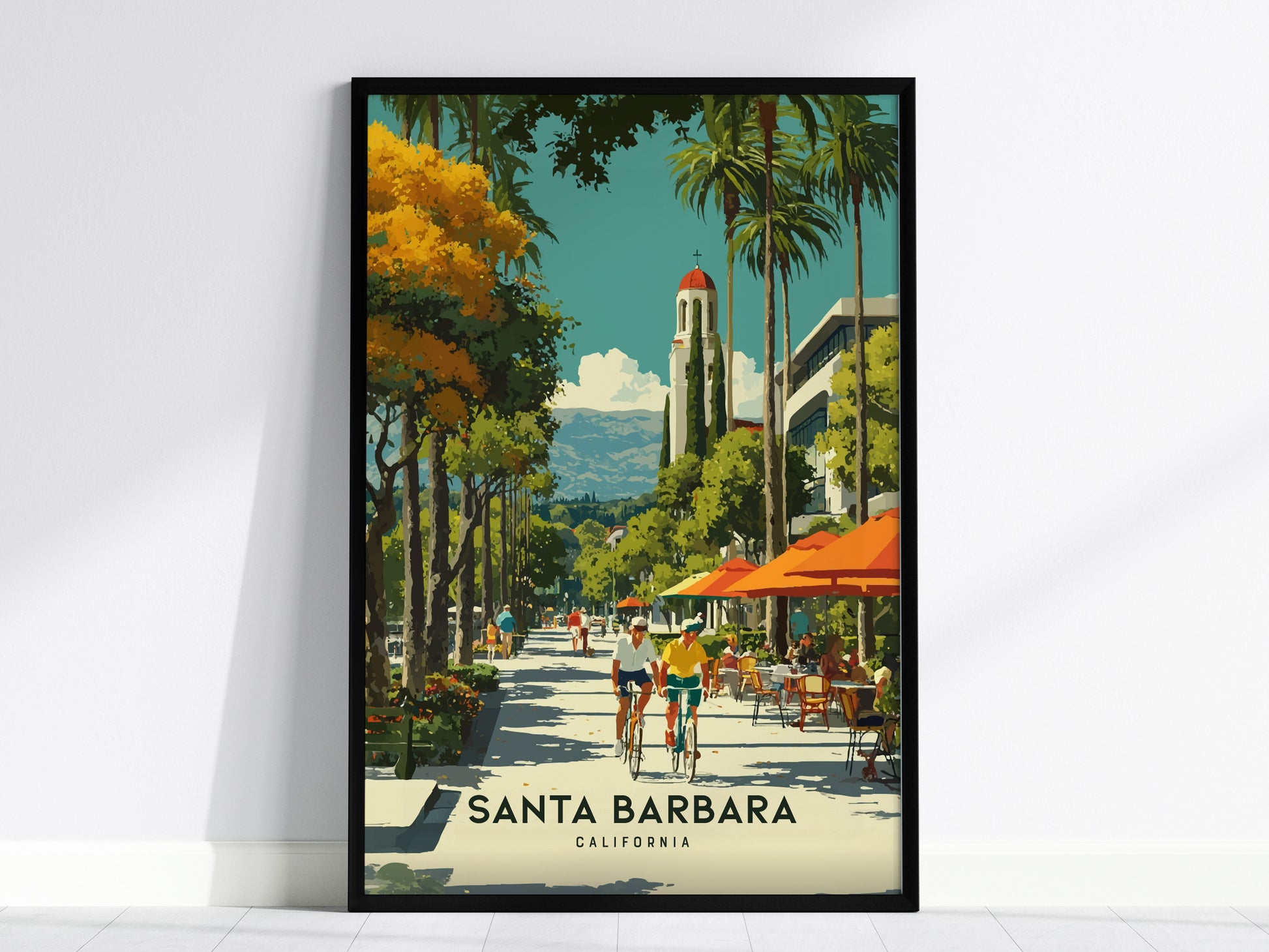 Santa Barbara poster featuring palm trees, sidewalk cafés, and Spanish-style architecture with mountain views