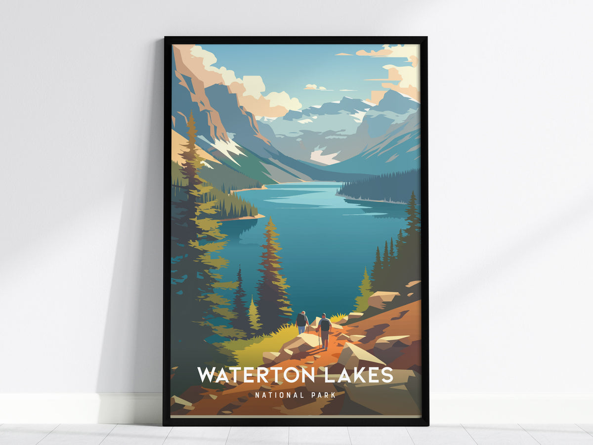 Waterton Lakes, National Park Canada Poster | Mountain Lake Destination Print Wall Art — framed wall art, 24x36 in