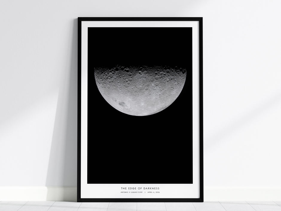 Framed photorealistic print of the moon's crescent phase, showcasing intricate craters and textures from NASA's Artemis II mission.