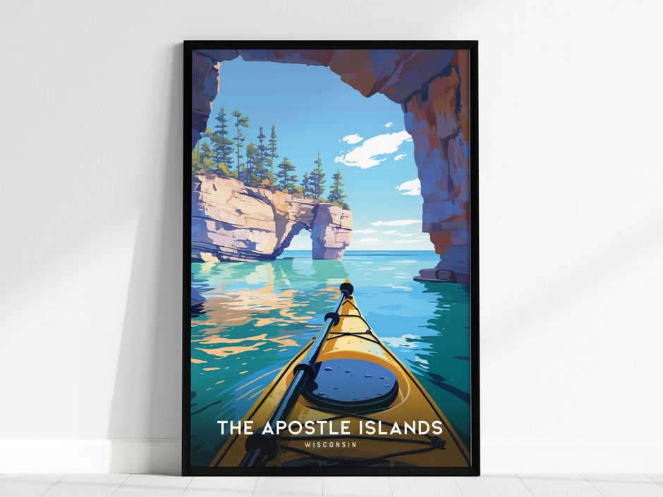 Apostle Islands Wisconsin travel art poster featuring a kayak in vibrant blue waters, surrounded by lush cliffs and pine trees.