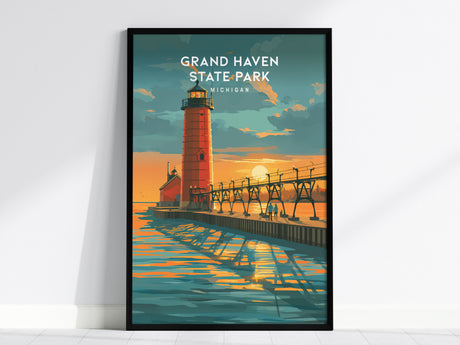 Grand Haven State Park, Michigan Poster | Lighthouse & Pier Beach House Decor Wall Art — framed wall art, 24x36 in