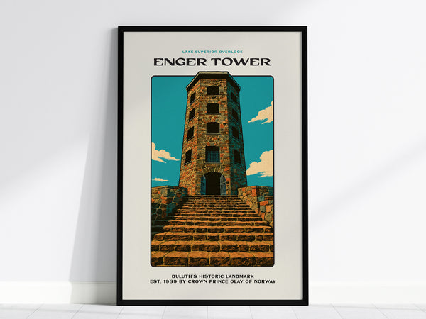 Framed poster featuring an illustration of Enger Tower against a blue sky with clouds. The stone tower stands atop a staircase, with text reading Lake Superior Overlook and additional details about the landmark.