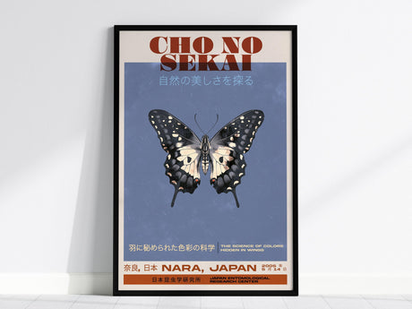 Framed poster featuring a detailed illustration of a butterfly against a blue background, with Japanese and English text highlighting a Nara, Japan exhibition.