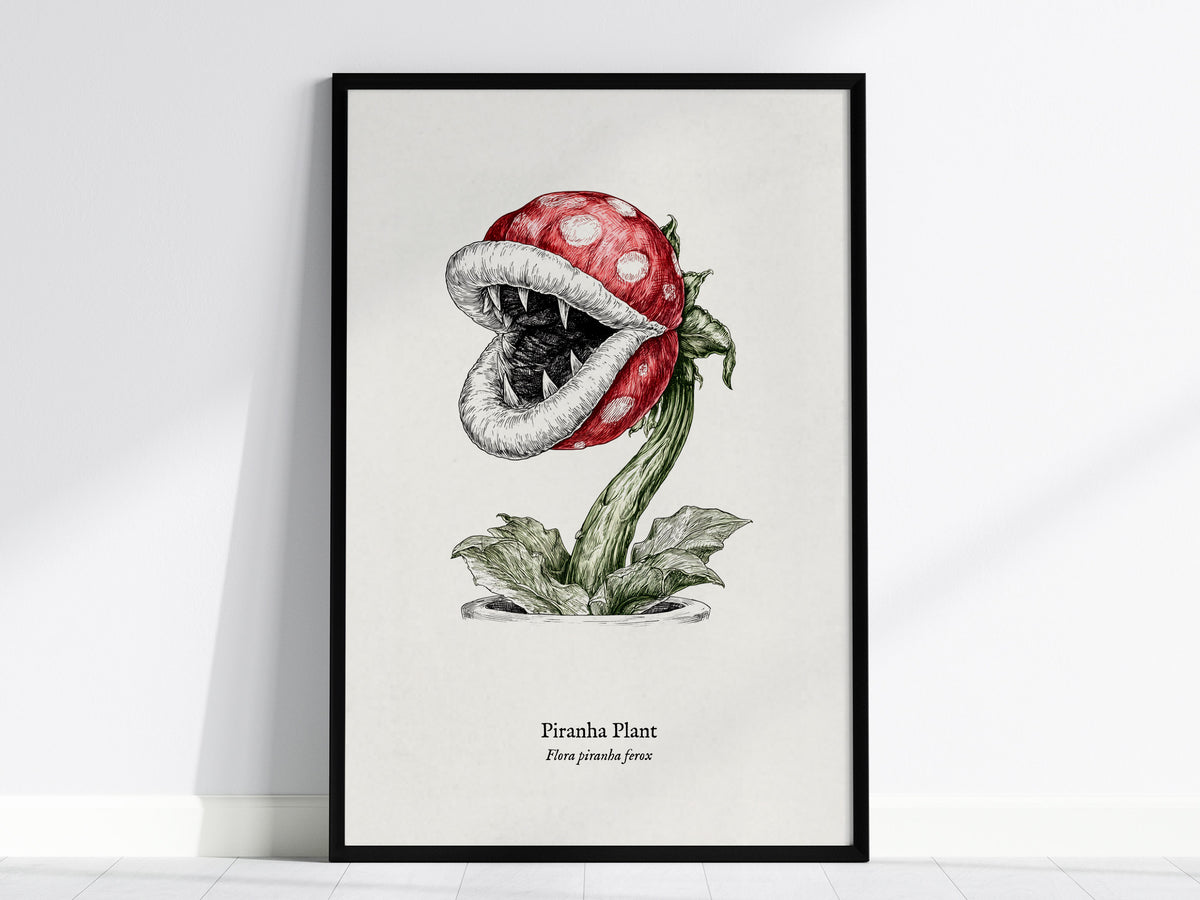 Piranha Plant Poster | Flora Piranha Ferox Pen and Ink Print | Vintage Scientific Illustration Wall Art — framed wall art, 24