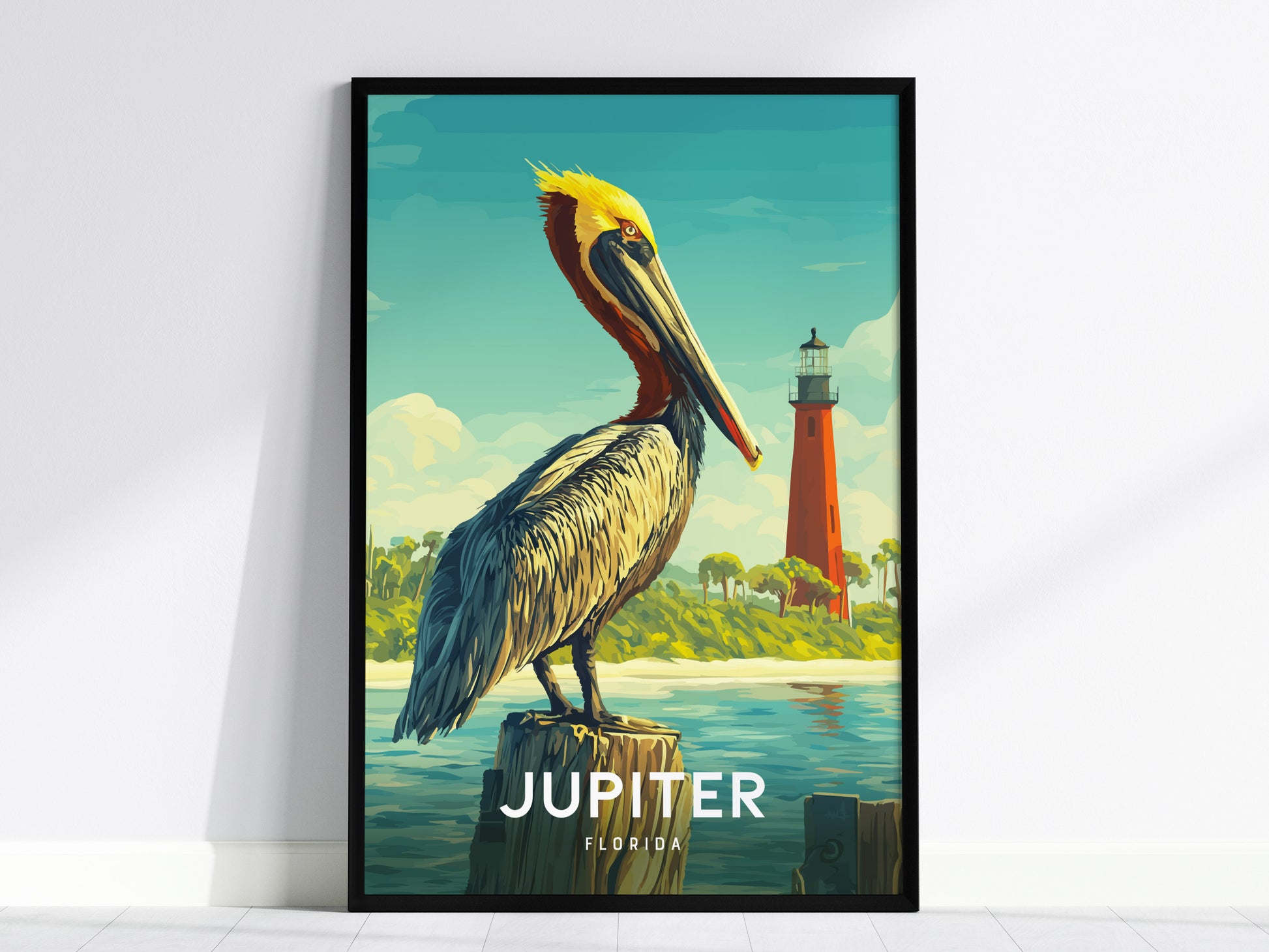Jupiter Florida poster featuring a brown pelican on a dock piling with the Jupiter Inlet Lighthouse in the background